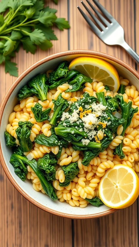 A bowl of lemon garlic kale and orzo with Parmesan cheese and lemon zest, served on a rustic table.